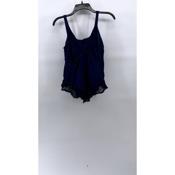 REBELLION Women's Navy Blue Lace-Trim V-Neck Smocked Tank Top SZ M - Picture 1 of 12